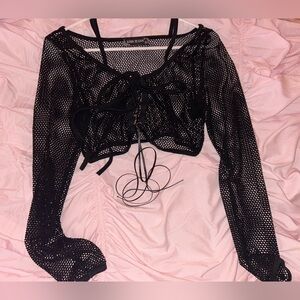 Black Mesh Long Sleeve Crop Top